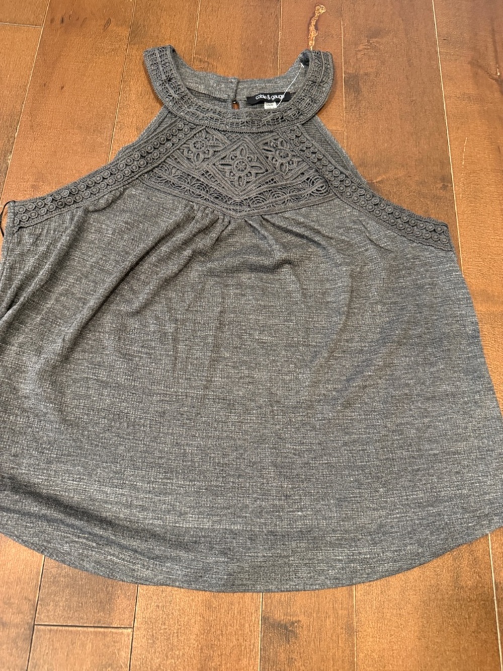 Cable & Gauge Charcoal Crochet Yoke Halter Tank